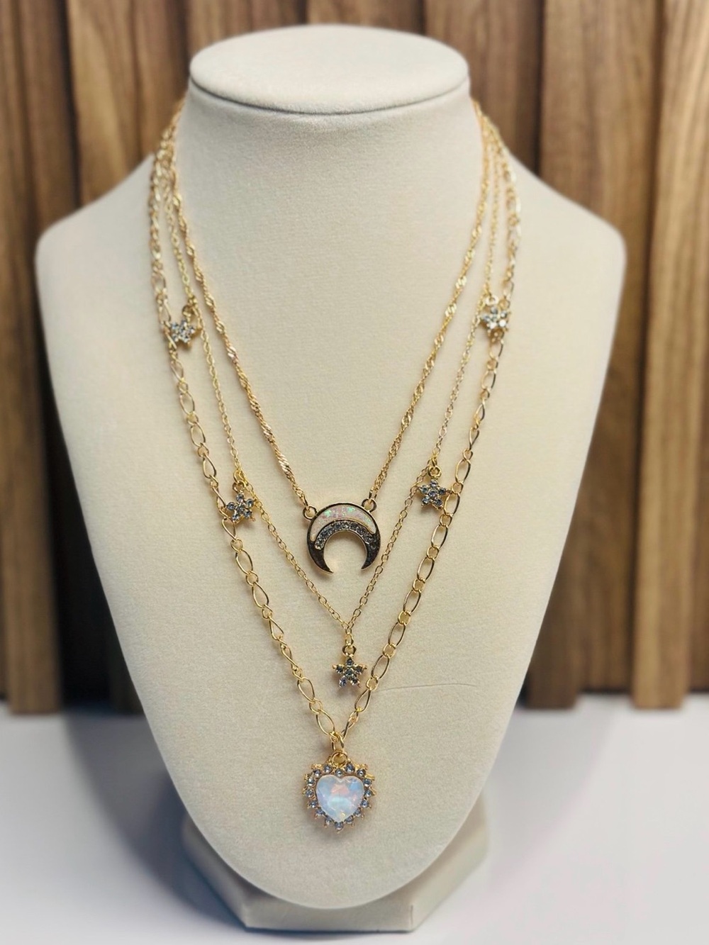 Gold Layered Celestial Necklace Opal Heart Moon Star Crystal Pendant